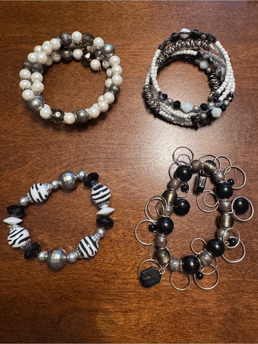 Source Unknown Black, White & Silver Beaded Bracelet Set - Women Jewelry